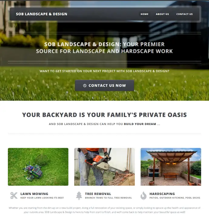 homepage for SOB Landscape & Design professional landscaping contractor website